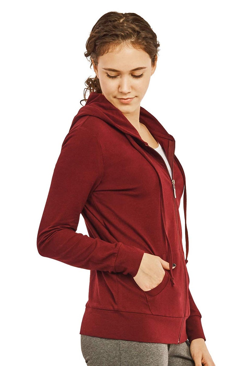 Cottonbell Women's Zip Up Cotton Light Hoodie Jacket (S, Burgundy) - Image 2